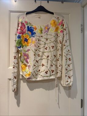Embroidered Floral Cream Long-Sleeve Blouse